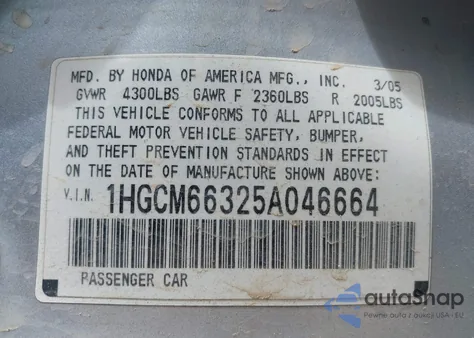 2005 Honda Accord 3.0 Lx from USA, damaged, VIN 1HGCM66325A046664